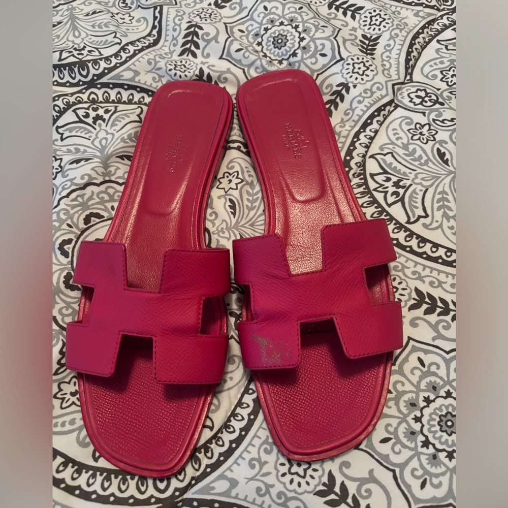 Hermes Oran SANDAL Rose Fuschia Leather Authentic size 10.5